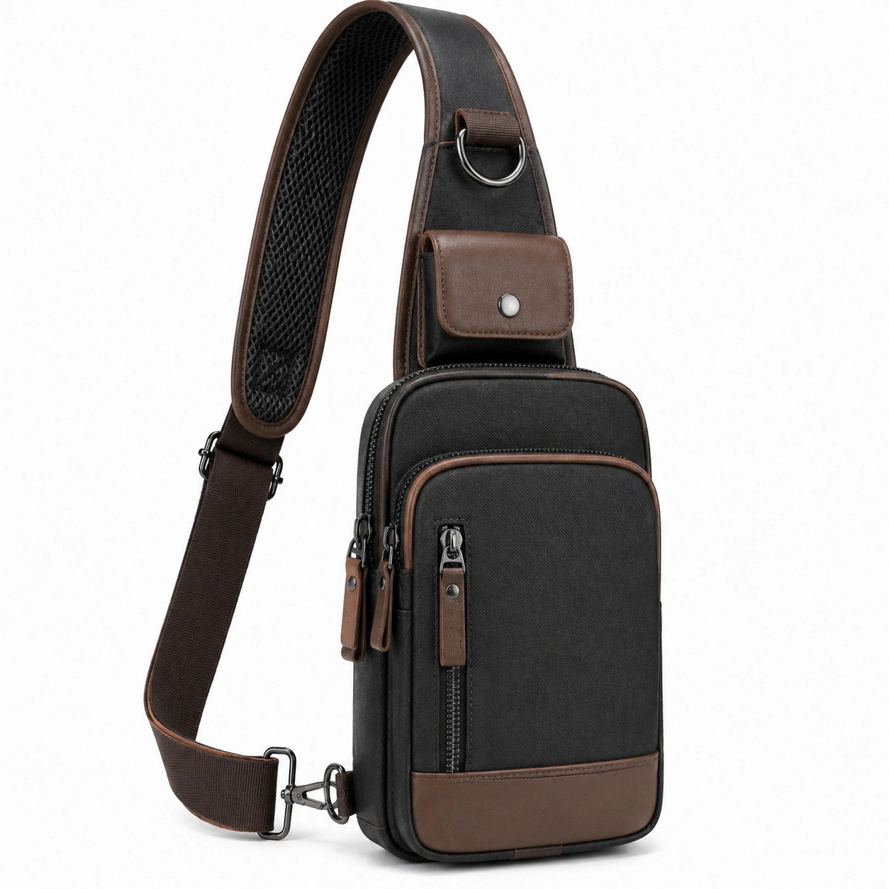 Borsa monospalla 17 x 8 x 31 cm in tessuto sintetico nero e marrone con tasche e tracolla regolabile
