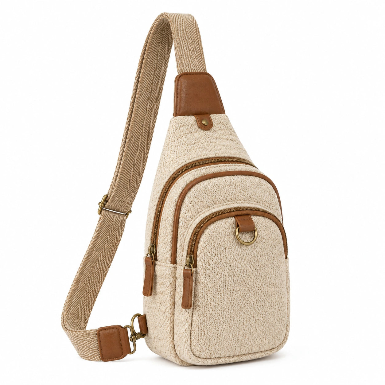 Borsa a tracolla 18 x 8 x 32 cm in tessuto beige con dettagli marroni - stile casual con tasche zip
