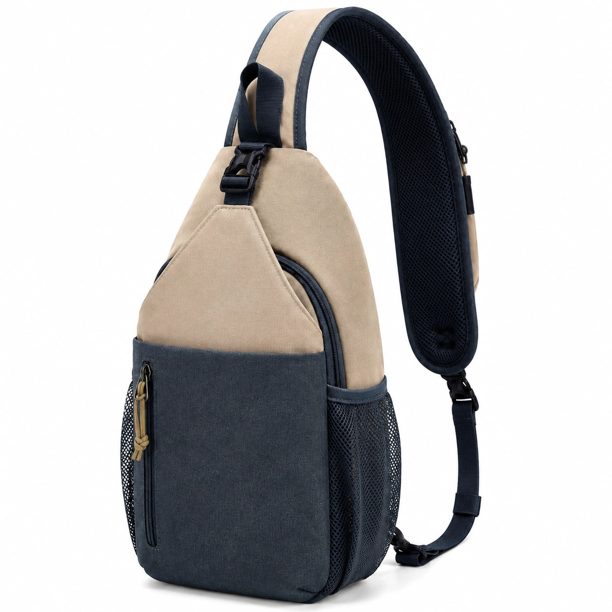 Borsa monospalla 20 x 10 x 35 cm in tessuto beige e nero con tasche e tracolla regolabile