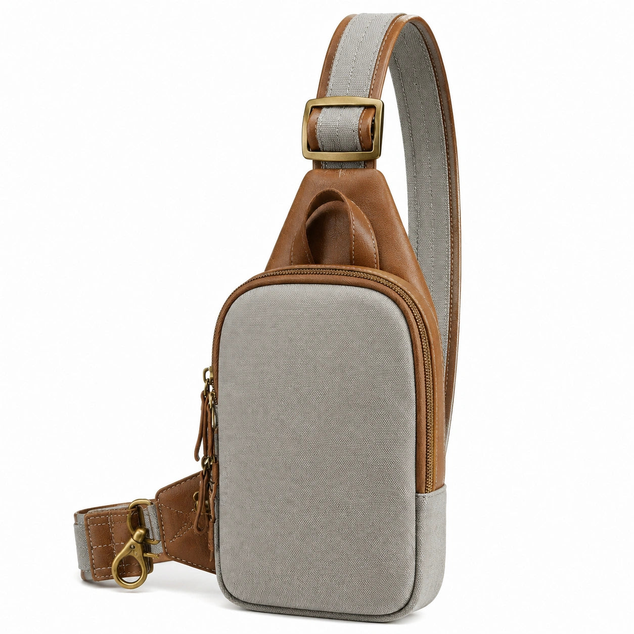Borsa a tracolla 17 x 7 x 30 cm in tessuto grigio con finiture marroni - regolabile per uso quotidiano