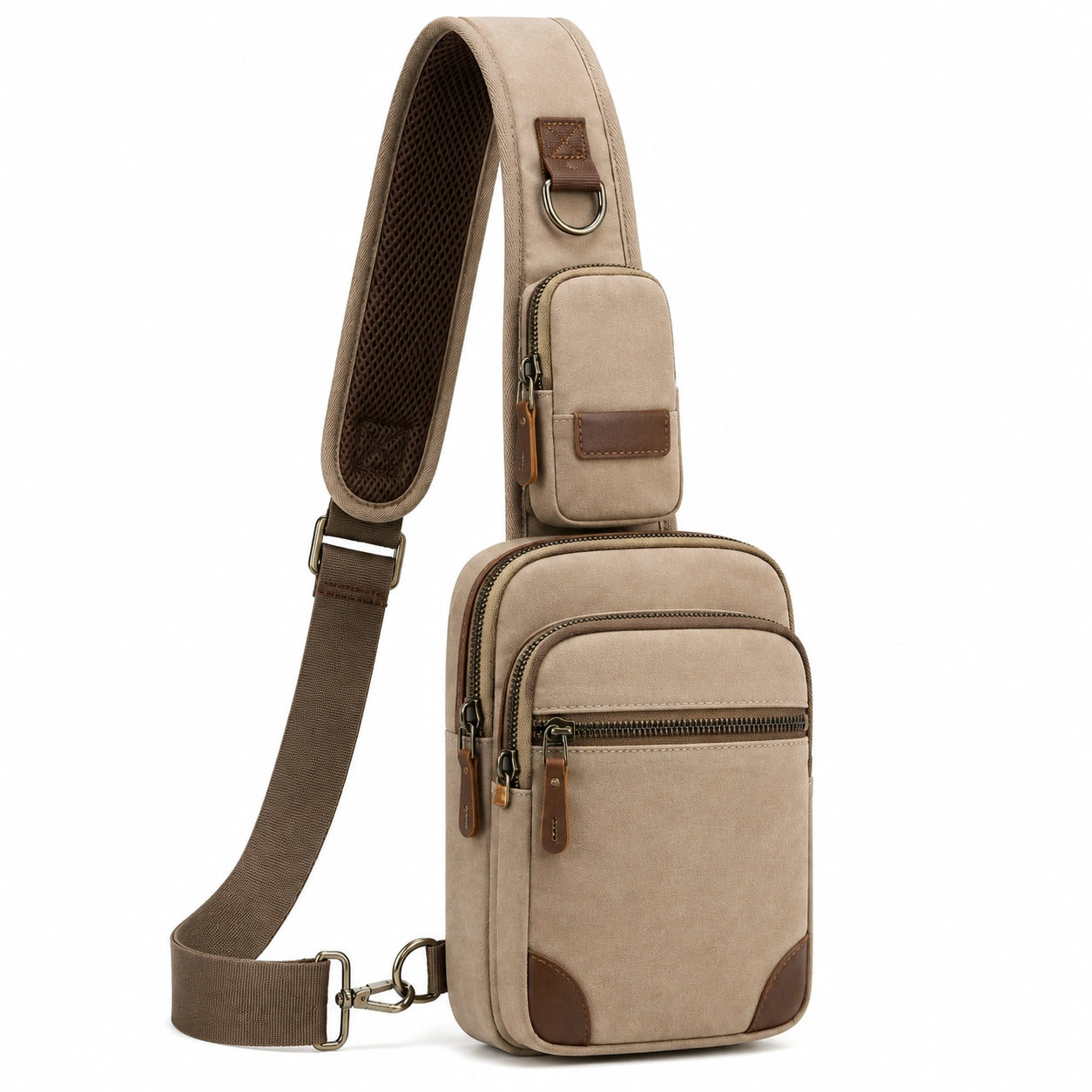 Borsello a tracolla 18 x 8 x 32 cm in tessuto beige con finiture marroni per uso quotidiano