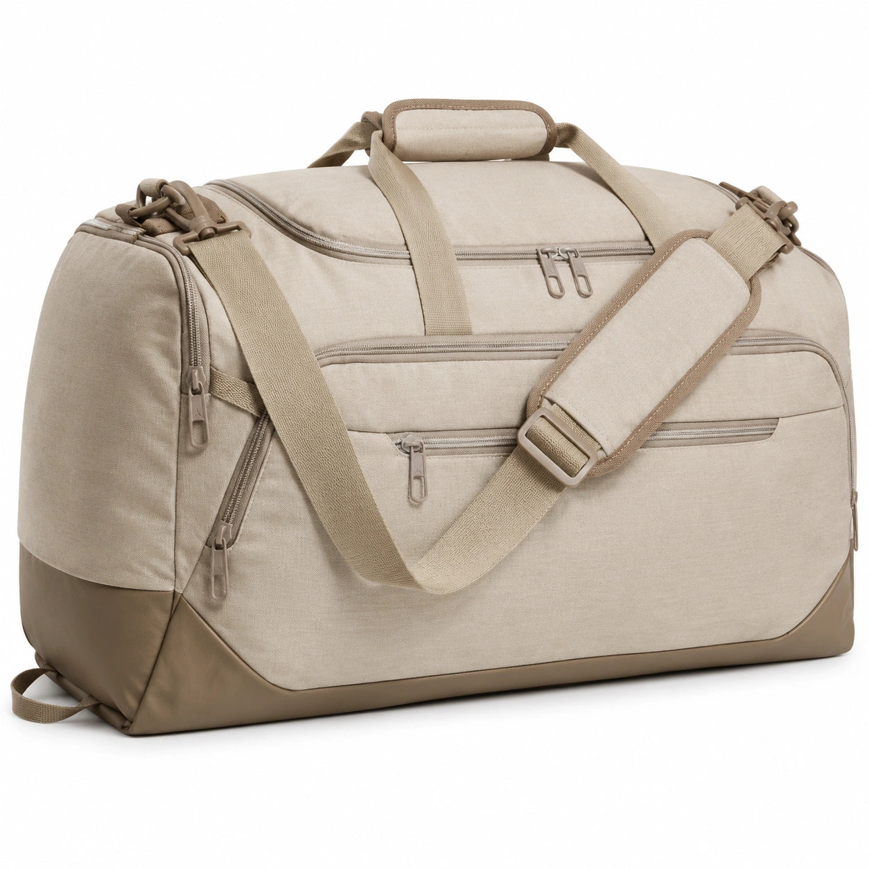 Borsone da viaggio 55 x 28 x 30 cm in tessuto sintetico beige con tracolla regolabile e tasche con zip