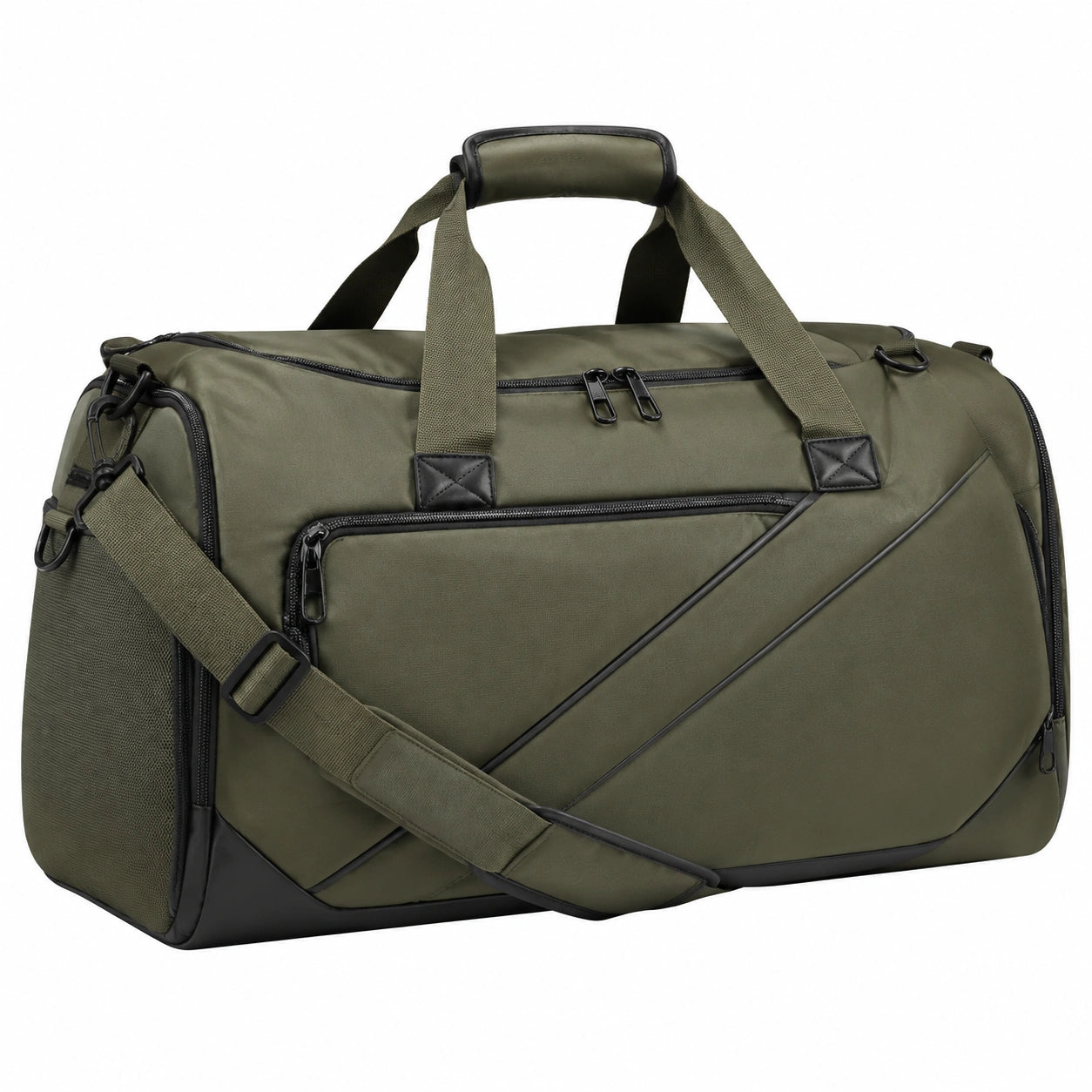 Borsone sportivo 50 x 25 x 30 cm in tessuto verde oliva con tracolla regolabile e tasche con zip