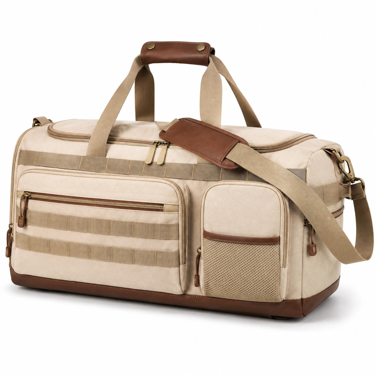 Borsa da viaggio 50 x 25 x 30 cm in tessuto beige e marrone con tasche - tracolla regolabile
