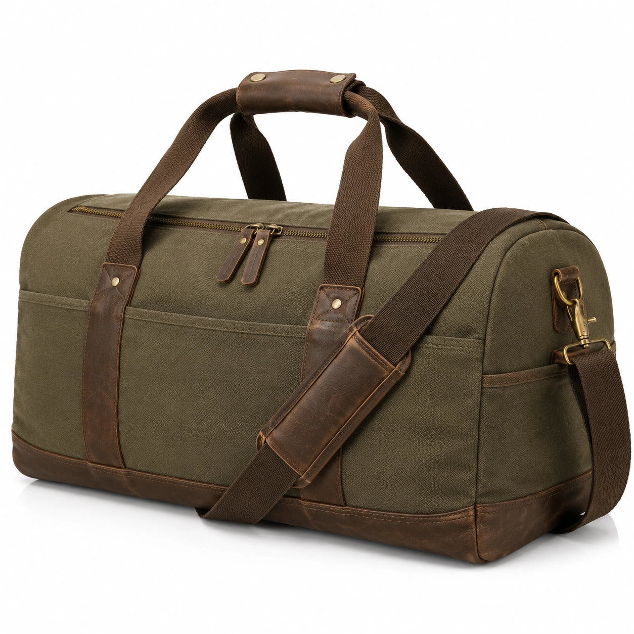 Borsa da viaggio 50 x 25 x 30 cm in tela verde oliva e dettagli marroni con tracolla regolabile stile vintage