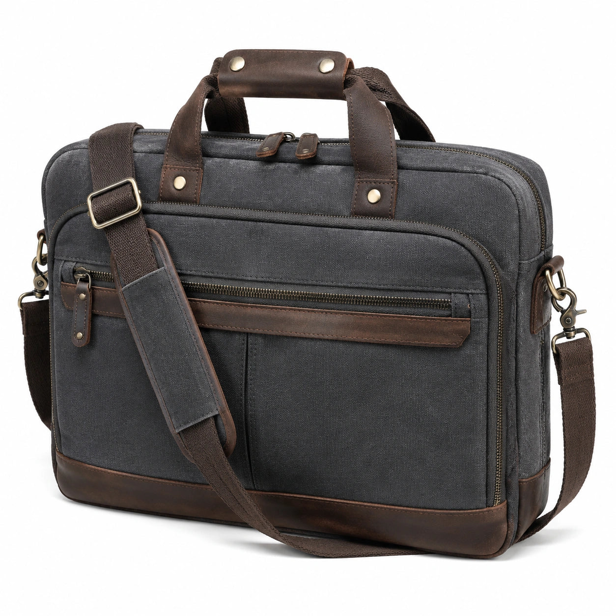 Borsa portadocumenti 40 x 12 x 30 cm in tessuto grigio scuro e dettagli marroni con tracolla