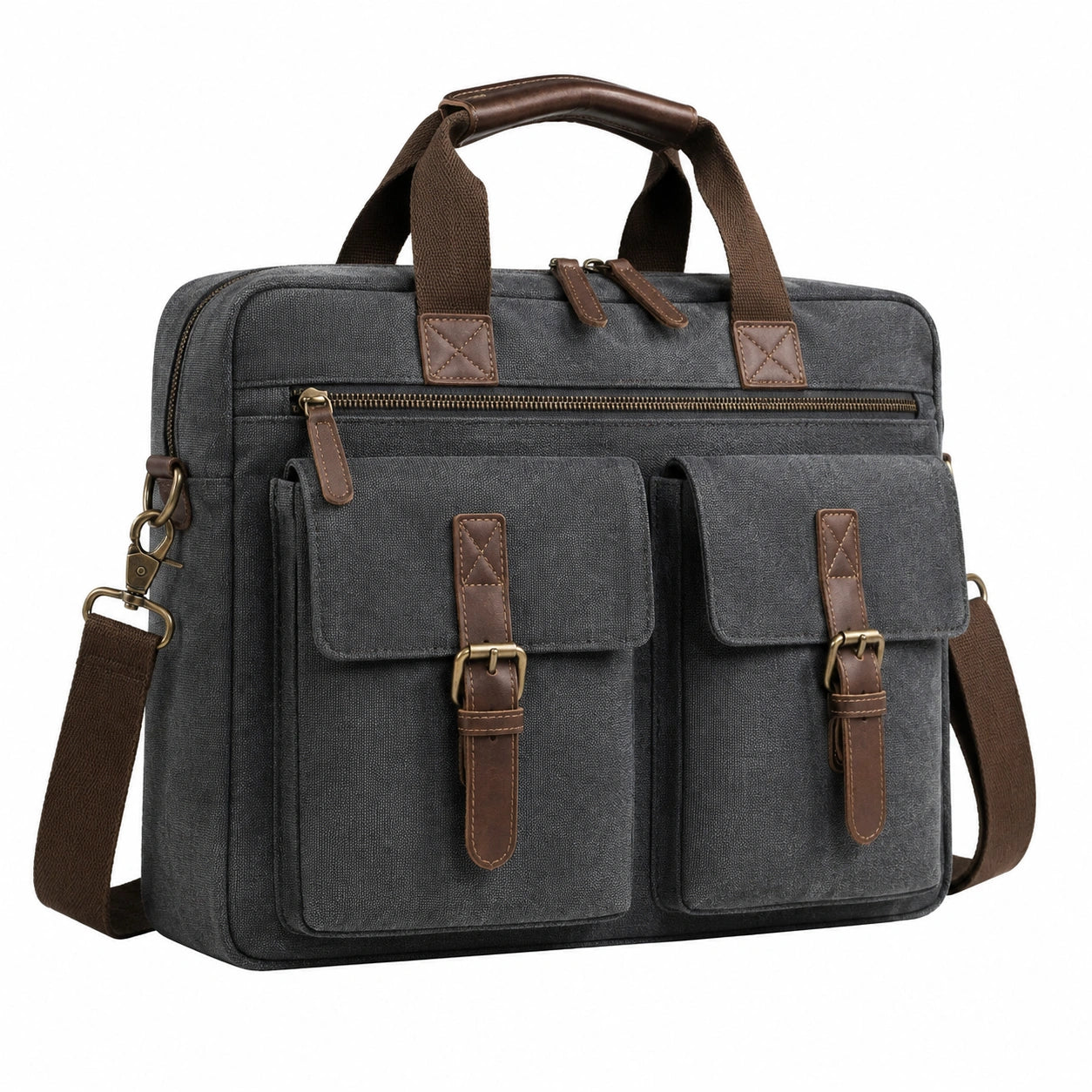 Borsa portadocumenti 40 x 12 x 30 cm in tela grigio scuro con tracolla stile vintage