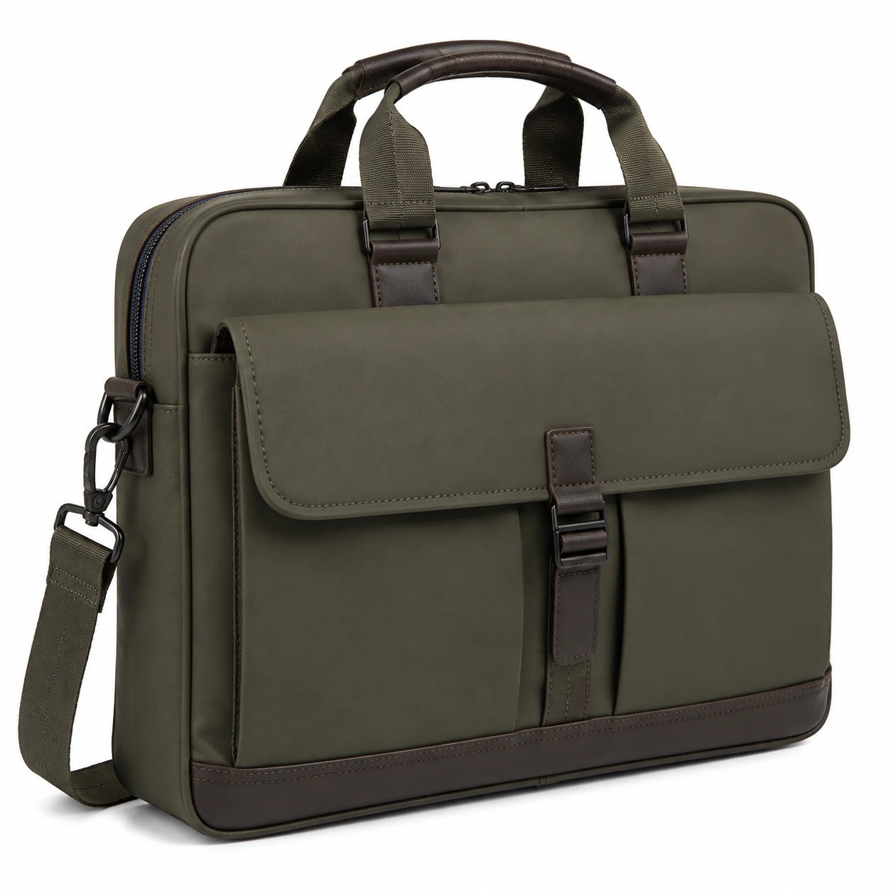 Borsa portadocumenti 40 x 8 x 30 cm in similpelle verde oliva e marrone con tracolla per lavoro