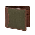 Portafoglio bifold 12 x 9.5 x 2 cm in materiale effetto pelle marrone e tessuto verde - stile casual con scomparti per carte