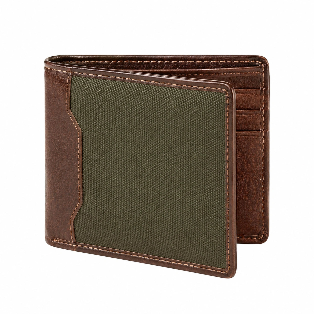 Portafoglio bifold 12 x 9.5 x 2 cm in materiale effetto pelle marrone e tessuto verde - stile casual con scomparti per carte