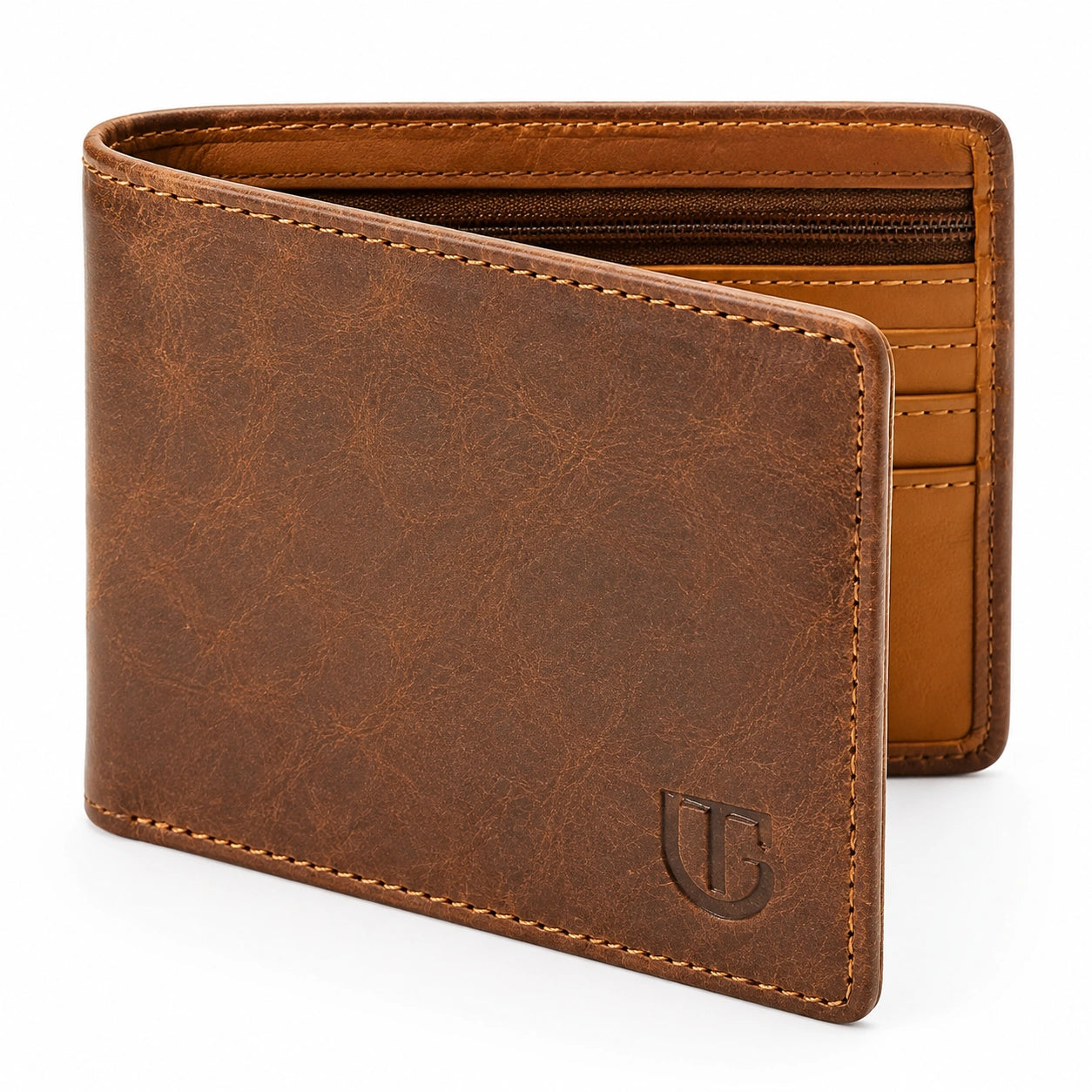 Portafoglio uomo pieghevole 12 cm in pelle marrone con scomparti per carte