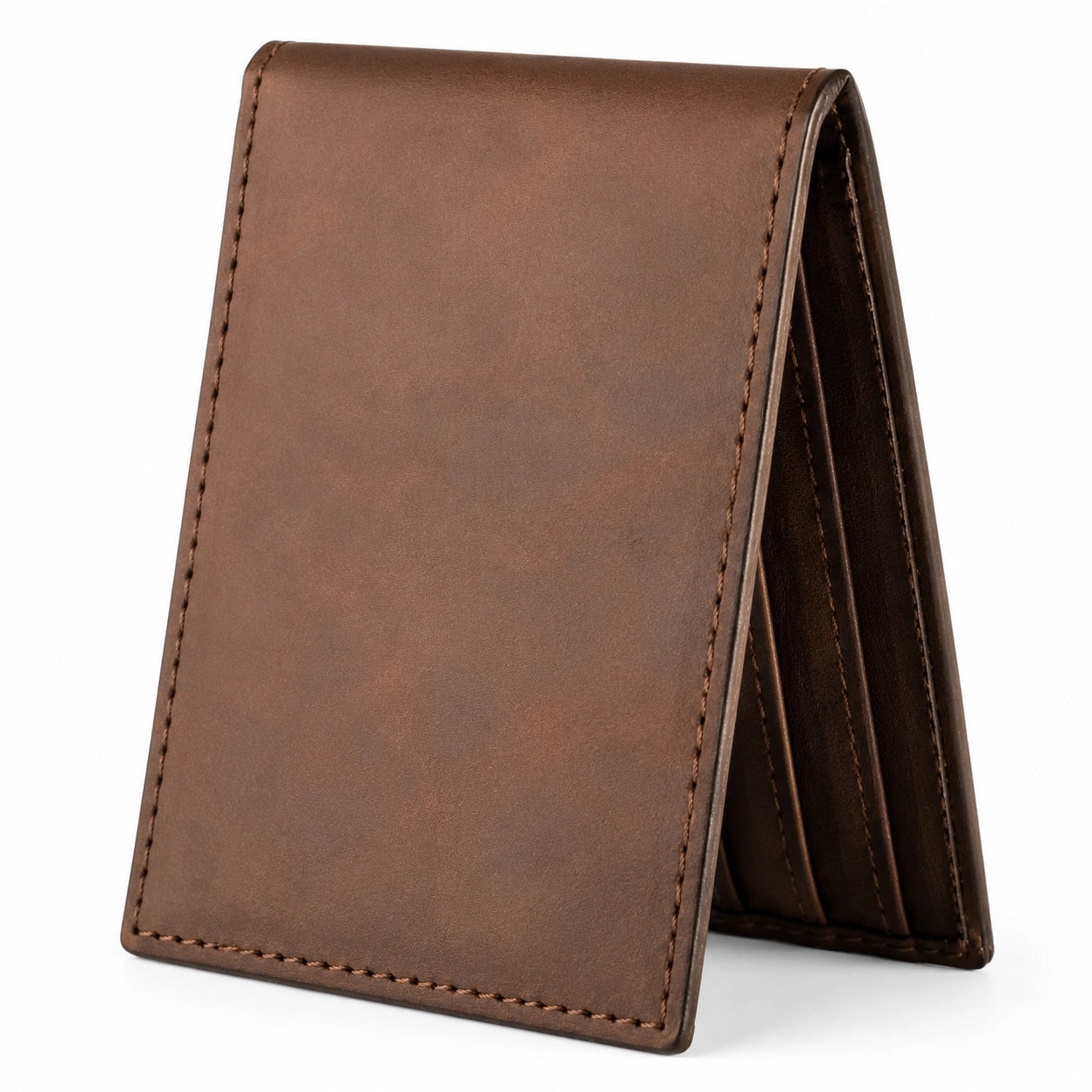 Portafoglio compatto 11 x 8 cm in similpelle marrone pieghevole con scomparti per carte