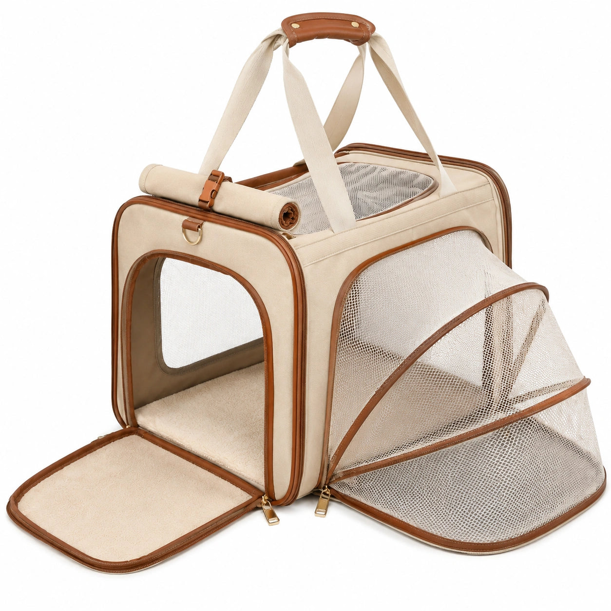 Trasportino per animali 45 x 28 x 30 cm in tessuto beige con rete espandibile da viaggio