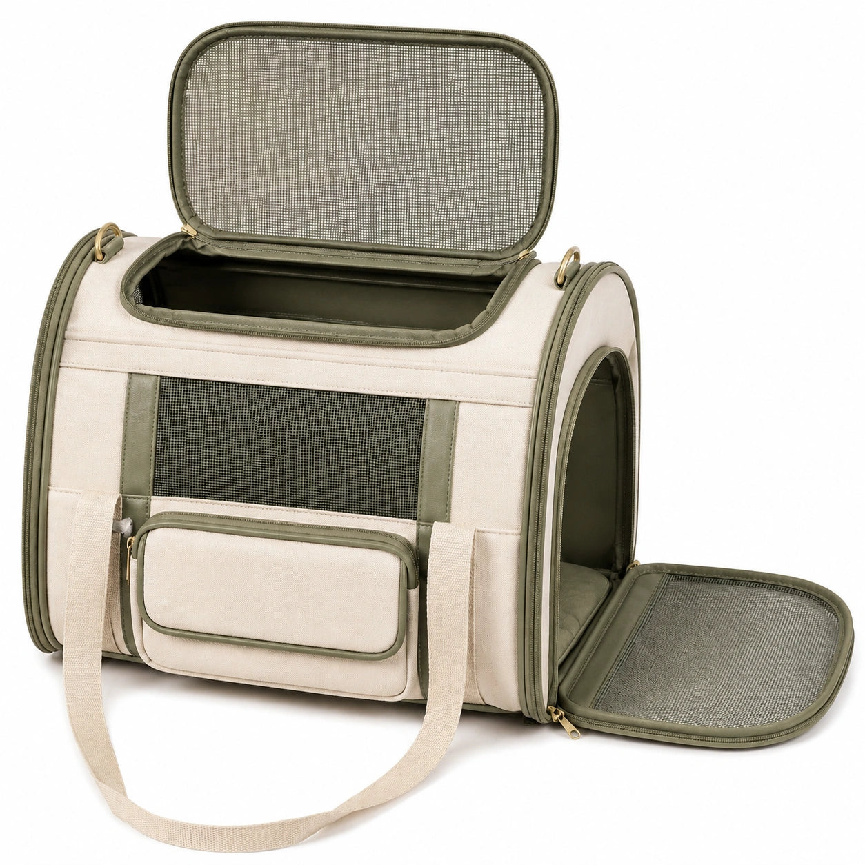 Borsa trasportino per animali 45 x 28 x 30 cm in tessuto beige e verde con rete traspirante