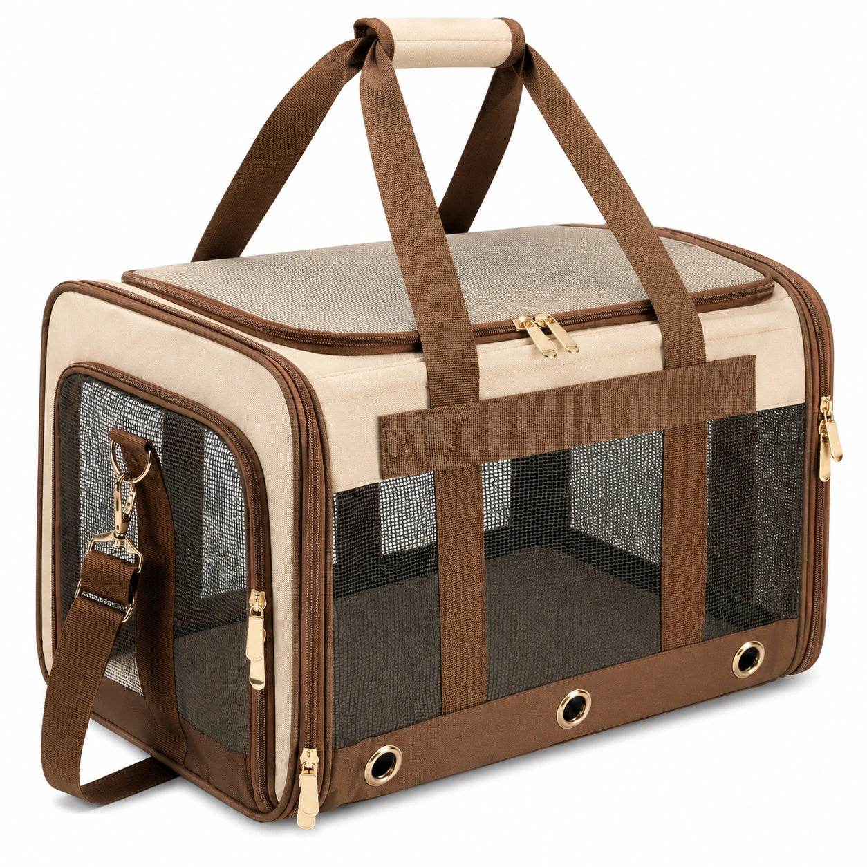 Borsa trasportino per animali 45x28x30 cm in tessuto beige e marrone con rete traspirante