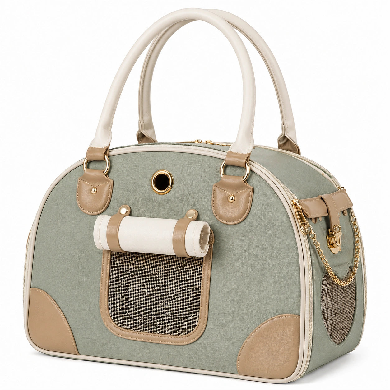 Borsa trasportino per animali 45 x 28 x 32 cm verde salvia in tessuto con rete e manici doppi