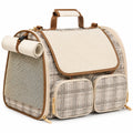 Trasportino per animali 45 x 28 x 30 cm in tessuto beige a quadri con rete e tasche