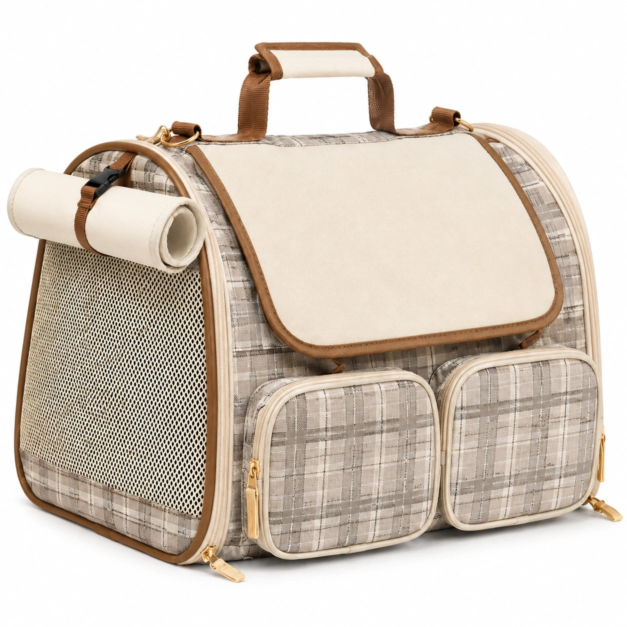 Trasportino per animali 45 x 28 x 30 cm in tessuto beige a quadri con rete e tasche