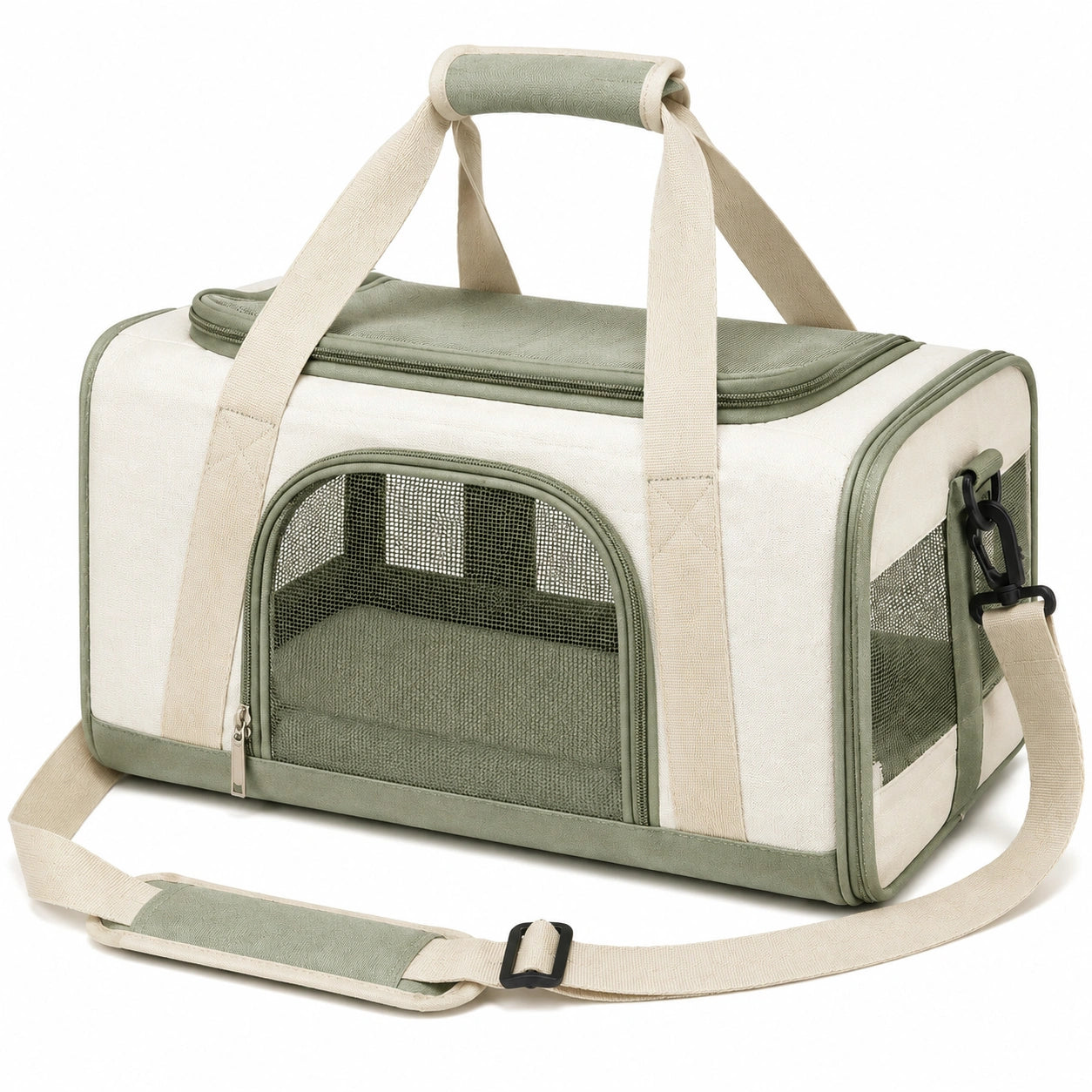 Trasportino per animali 45 x 28 x 30 cm in tessuto beige e verde con rete traspirante