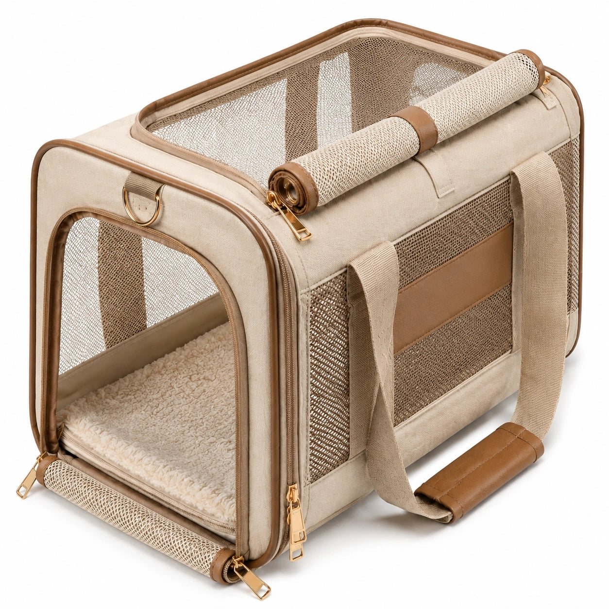 Trasportino per animali 45 x 28 x 28 cm in tessuto beige con rete traspirante e tappetino imbottito pieghevole