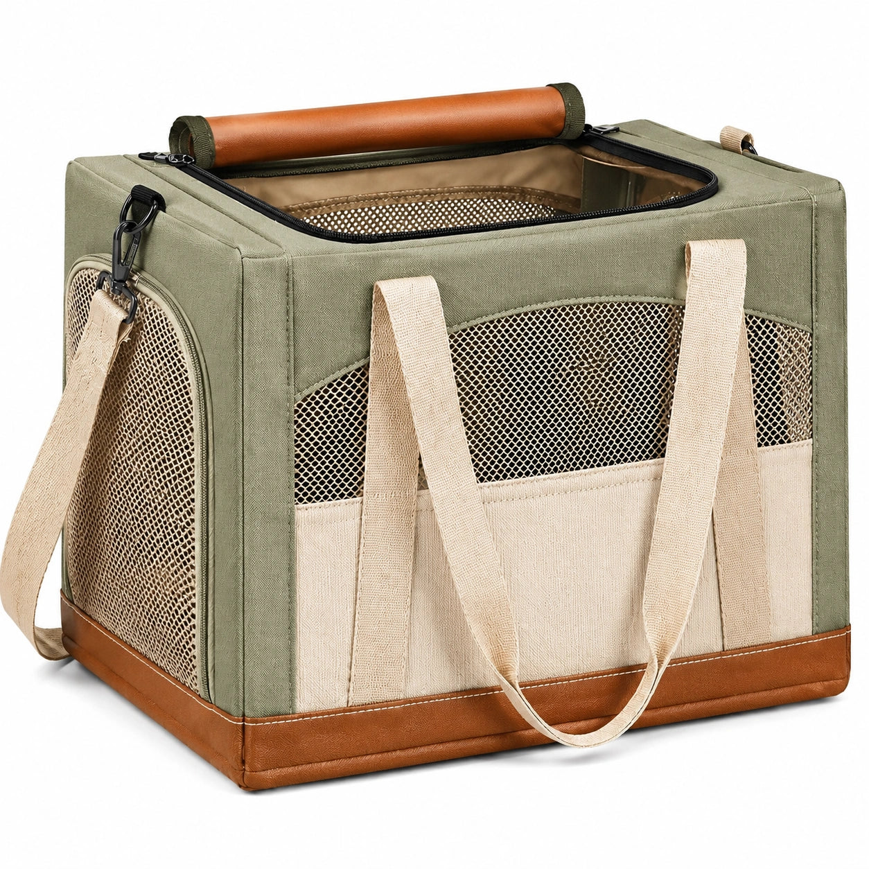 Borsa trasportino per animali 43 x 28 x 30 cm in tessuto verde e beige con rete traspirante