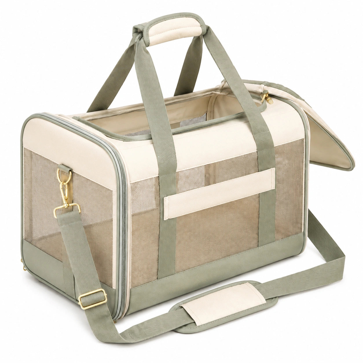 Trasportino per animali 45 x 28 x 30 cm in tessuto beige e verde con rete traspirante e tracolla regolabile