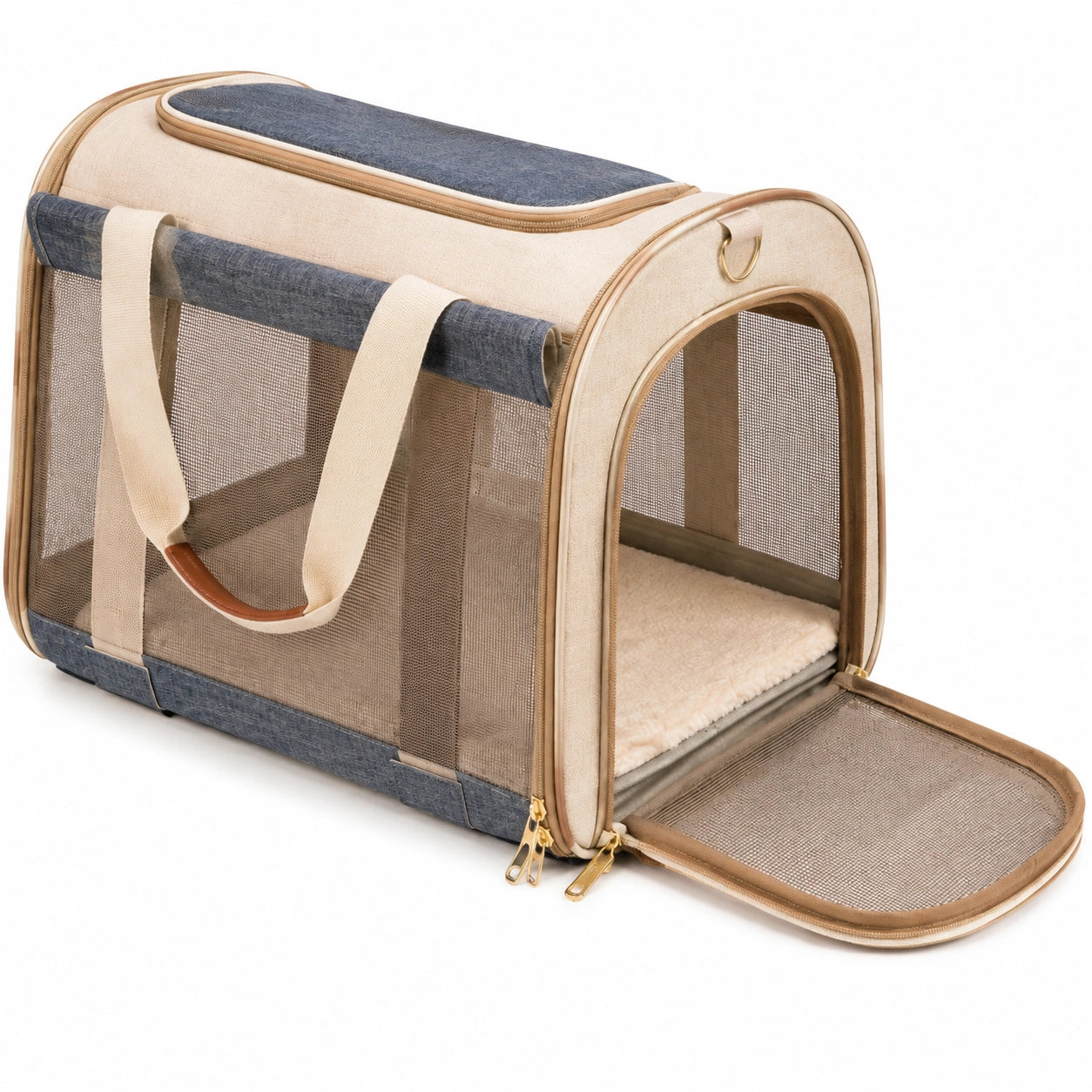 Trasportino per animali 45 x 28 x 28 cm in tessuto beige e blu con rete - pieghevole e ventilato