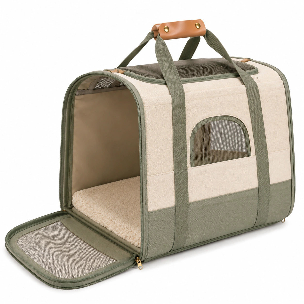 Trasportino per animali 45 x 28 x 30 cm in tessuto beige e verde con rete - pieghevole e ventilato