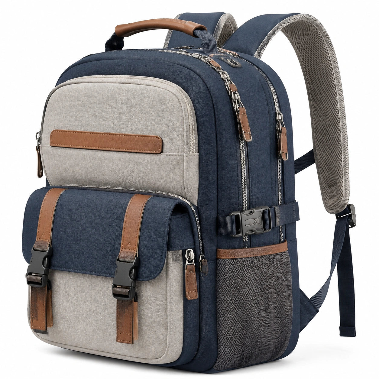 Zaino 32 x 20 x 45 cm in tessuto blu e grigio con tasche multiple per viaggio e lavoro