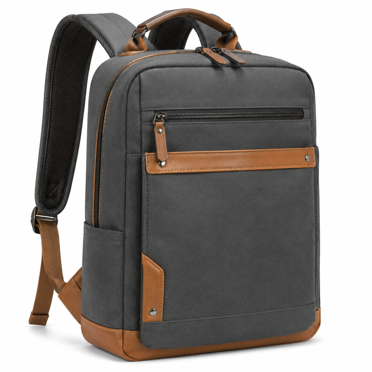 Zaino 30 x 12 x 42 cm in tessuto grigio e marrone con tasche frontali per lavoro e tempo libero